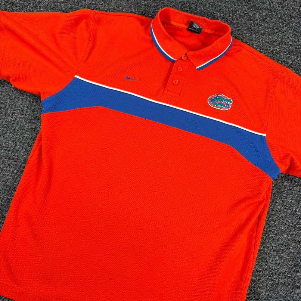 Nike Polo Shirt Mens Large Orange Florida Gators Dri-FIT Short Sleeve Stripe